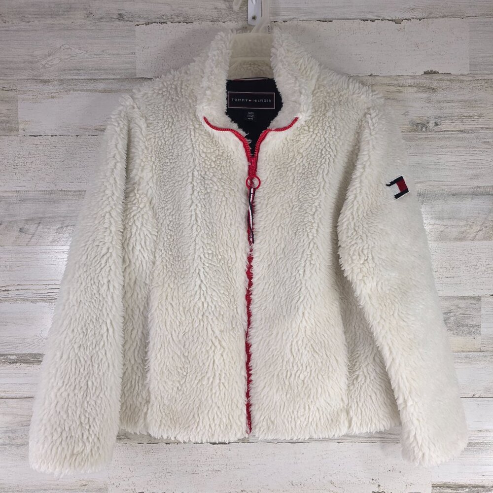TOMMY HILFIGER White Warm Fuzzy Full Zip Sherpa Jacket WOMEN'S SIZE MEDIUM - Picture 1 of 16